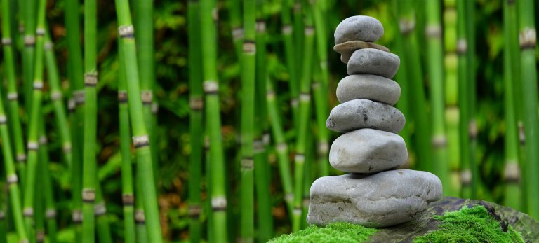 A stack of six smooth grey stones balanced on top of each other, set against a background of tall, green bamboo stalks. The stones rest on a bed of vibrant green moss, creating a serene and natural scene.