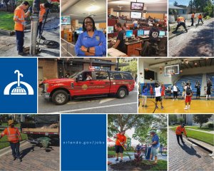 A collage showing city workers in various roles: repairing streets, working in an office, firefighters, police dispatch, park maintenance, and youth playing basketball. City of Orlando logo and job site link included.
