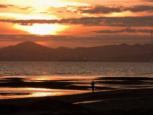 A serene sunset scene over a beach with gentle waves. Silhouetted hills and a distant shoreline form the backdrop, with a vibrant orange and yellow sky. A solitary figure walks along the shore, adding a peaceful and reflective mood to the scene.