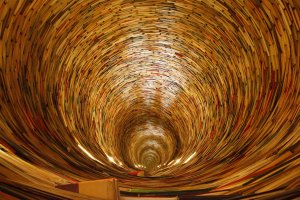 A spiral tunnel made entirely of colorful books extends infinitely, creating a mesmerizing, vortex-like effect. The books are stacked in horizontal layers with their spines and pages visible, symbolizing a journey of professional development. The interior is illuminated with a warm, soft light.