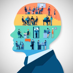 A silhouette of a head filled with various office scenes. Different floors show employees at desks, collaborating in meetings, and multitasking. The vibrant colors and diverse activities symbolize a busy, dynamic work environment, with a suit collar visible at the bottom.