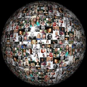 A spherical collage made up of hundreds of small photos of diverse individuals, forming a globe-like shape. The images, reminiscent of social media snapshots, vary in size and feature people of different ages, genders, and ethnic backgrounds, all smiling or posing for the camera. The background is black.