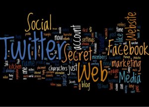 A collage of words related to social media and online presence. Prominent words include "Twitter," "Web," "Facebook," "Social," "Media," "account," "Secret," "Website," and "marketing" among numerous others in various colors and sizes, creating a vibrant social media word cloud.