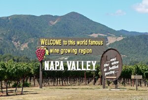 Sign at a vineyard reads "Welcome to this world famous wine growing region Napa Valley" adorned with a cluster of grapes. Below it, another sign states, "...and the wine is bottled poetry." with mountains and grapevines in the background.