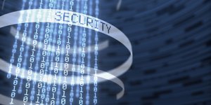 Digital representation of security: a glowing binary code (0s and 1s) forms vertical lines against a dark, blurred background. A ribbon with the word "SECURITY" spirals around the binary lines, embodying the concept of information governance and cybersecurity or digital protection.