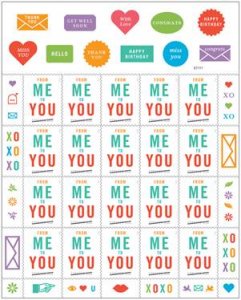 A sheet of colorful postage stamps featuring phrases like "From Me to You," "Happy Birthday," "Thank You," and "Get Well Soon." Each postage stamp also includes small icons such as hearts, envelopes, flowers, and exclamation marks.