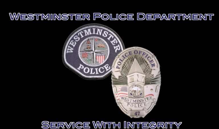 Image showing an embroidered patch and a police badge for the Westminster Police Department. The text above reads "Westminster Police Department," and below reads "Service with Integrity," all in a blue, blocky font against a black background, highlighting the pride of the Westminster police department.
