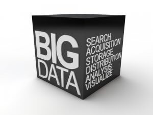 A black cube prominently displays the term "BIG DATA" in large white text on one side, with related key terms like "SEARCH, ACQUISITION, STORAGE, DISTRIBUTION, ANALYSIS, VISUALIZE" listed on an adjacent side.