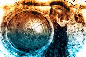 Artistic depiction of an ancient warrior exuding leadership, holding a large round shield and wearing a helmet adorned with a crest. The image is rendered with a mix of fiery oranges and cool blues, creating a dynamic and contrasting background.