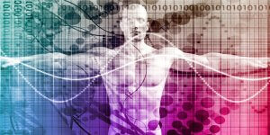 Digital artwork depicting a human figure with outstretched arms superimposed on a background of binary code, geometric patterns, and sine waves. The image conveys a blend of technology, healthcare, biology, and data analysis themes, featuring a gradient of colors from blue to red.