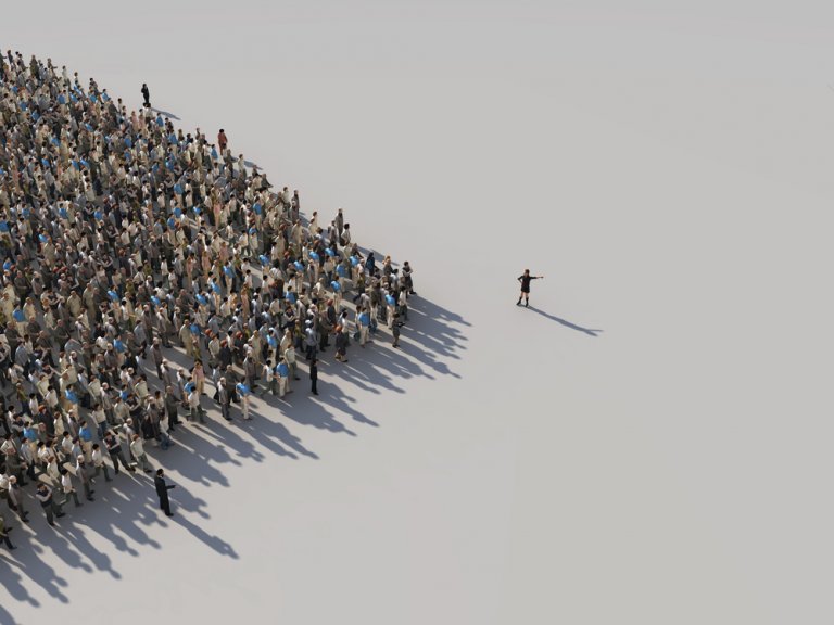A large crowd of people dressed in business attire stands on the left side of an open space, forming a pointed shape. A single individual, embodying leadership, stands alone on the right side, pointing towards the crowd and casting a long shadow on the ground.