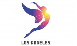 A stylized graphic of a winged figure in motion, depicted with gradient colors from purple to yellow, symbolizing dynamism and energy. Below the image, "Los Angeles" is written in bold, black capital letters.