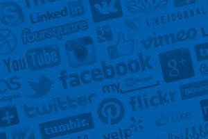 A collage of various social media platform logos, including Facebook, Twitter, YouTube, Instagram, LinkedIn, Tumblr, Foursquare, Vimeo, Skype, LiveJournal, Flickr, Myspace, Yelp, Pinterest, and Google+. The overall color tone is blue.