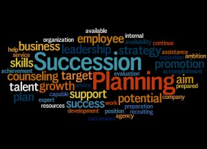A colorful word cloud centered around the theme of "Succession Planning." Prominent words include "Succession," "Planning," "employee," "leadership," "business," "growth," "skills," "talent," and more. The vibrant display underscores the importance of succession planning on a sleek black background.