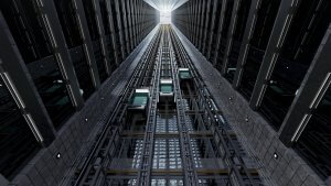 A futuristic, vertical view of a multi-story industrial facility or warehouse, showcasing tall, symmetrical walls and an intricate network of mechanical structures, including rail-like systems and platforms extending upwards towards a bright light source. Despite its modernity, superstitions linger in the shadows.