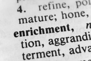 A close-up of a dictionary page showing the word "enrichment" in bold text. Surrounding text is partially visible, including parts of other words and definitions. The image, in black and white, emphasizes the focus on "enrichment," underscoring its role in developing effective learning habits.
