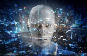 A digital rendering of a human face with technological elements and circuit patterns superimposed on it, subtly integrating the concept of learning habits. The background features a blurry cityscape with building lights, creating a futuristic, cybernetic atmosphere.