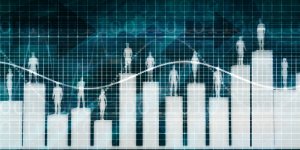 A digital illustration of a bar graph with human silhouettes standing on top of each bar. Set against a grid background with a wavy line connecting the tops, this image symbolizes performance appraisal trends and data analysis.
