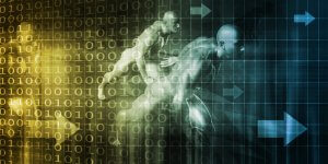A digital illustration featuring translucent human figures in running poses, overlaid with binary code, grid lines, and directional arrows. The left side is tinted yellow, fading into blue on the right, symbolizing data transmission and technological advancement—much like performance appraisal in a tech-driven world.