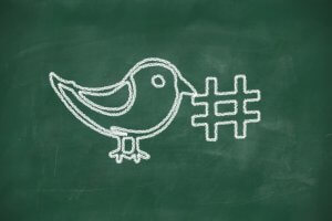 A chalk drawing on a green chalkboard depicts a bird holding a hashtag symbol in its beak. The bird's simple design and the iconic hashtag symbol suggest a representation of social media, particularly Twitter.