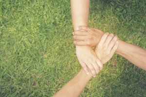 Four hands are joined together, each person gripping the wrist of another, forming a square of mutual support and credibility. This takes place over a background of green grass.