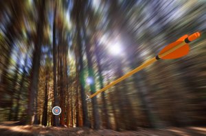 A blurred motion image captures an arrow with orange fletching and a bright shaft, flying through a forest towards a distant circular target. The sharp contrast of the arrow catches your attention against the backdrop of tall trees and sunlight filtering through.