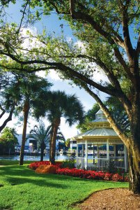 A white gazebo surrounded by red flowers, green grass, and palm trees sits under the shade of large leafy branches on a sunny day. Buildings and water are visible in the background.