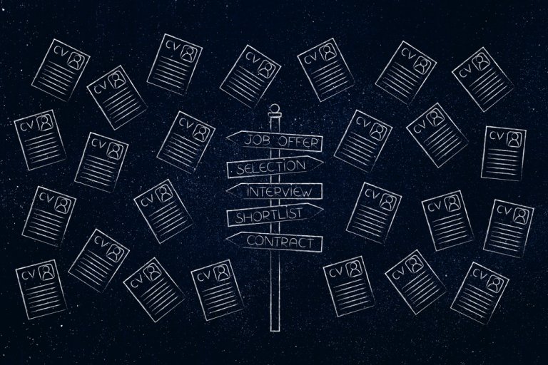A chalkboard illustration depicts multiple CVs surrounding a signpost with five directional arrows labeled: "JOB OFFER," "SELECTION," "INTERVIEW," "SHORTLIST," and "CONTRACT." The background is dark, creating a striking contrast with the white chalk drawings, offering visual career advice.