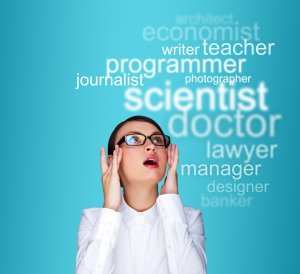 A person with glasses looks upwards with words like "scientist," "programmer," "teacher," "doctor," and more floating above their head against a blue background, representing various career options and offering valuable career advice.