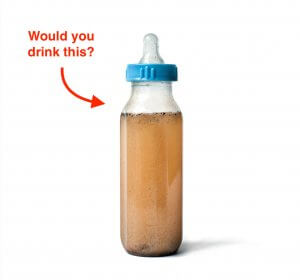 A baby bottle filled with dirty, brownish water and a blue cap sits ominously. The bottle has a clear nipple. Above it, red text with an arrow points down, asking, "Would billionaires drink this?