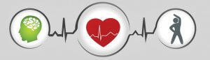 A graphic showing the outline of a head with a green brain, a red heart with an ECG line, and a stick figure stretching. The elements are connected by a black line resembling a heartbeat, illustrating the connection between mental, cardiovascular, and physical health.
