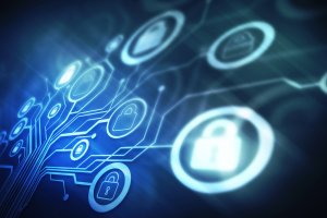 A digital illustration featuring interconnected circuits with glowing padlock icons symbolizing HIPAA-compliant cybersecurity. The background is a gradient of dark blue and black, suggesting a secure, high-technology environment.