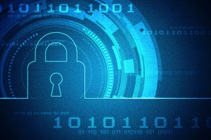A digital illustration features a blue padlock at the center symbolizing cybersecurity and HIPAA compliance. Surrounding the padlock are binary codes (0s and 1s) and circuit board patterns, all set against a dark blue background, creating a high-tech, secure environment theme.