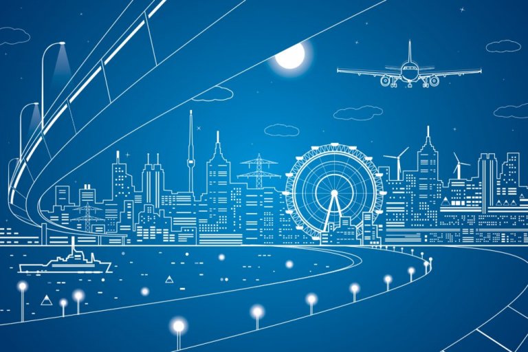 Illustration of a futuristic cityscape at night with a full moon. Highlights include an airplane descending, a Ferris wheel, a bridge, and a mix of tall buildings showcasing state-of-the-art infrastructure reform. The foreground features a road with streetlights and a boat on the water.