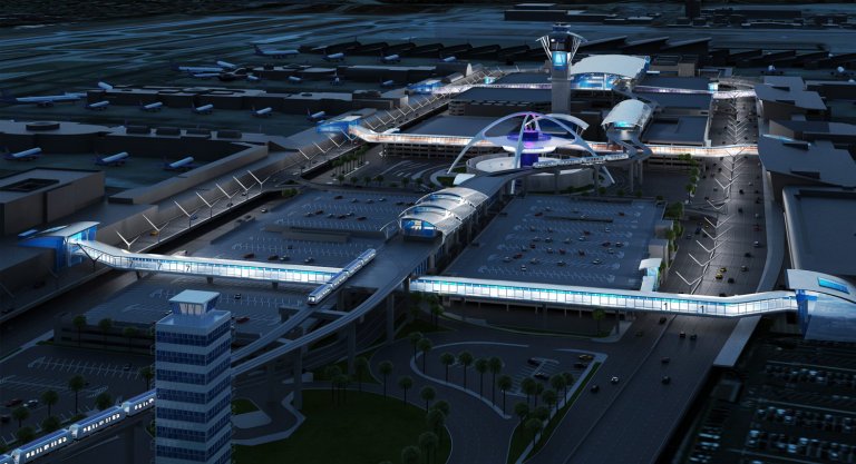 Aerial view of LAX at night, showcasing brightly lit terminals connected by elevated walkways. The airport features a central futuristic building with a distinctive structure. The surrounding area includes parking lots, airplanes, and nearby roads.