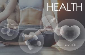 A person is sitting cross-legged with their hands on their knees, meditating. Overlaid icons illustrate aspects of health, including good food, exercise (dumbbells), medicine (a syringe), and heart rate (a 3D heart model). The word "HEALTH" is prominently displayed. Careers In Government promote well-being in the community.