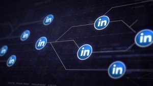 A digital illustration with multiple interconnected LinkedIn logos on a dark background, symbolizing social networking and professional connections. The LinkedIn logos appear to be linked by lines, creating a web-like pattern.