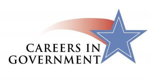 The image displays the text "Careers In Government" in black, positioned beneath a blue star with a red and white swoosh behind it, evoking a patriotic theme.