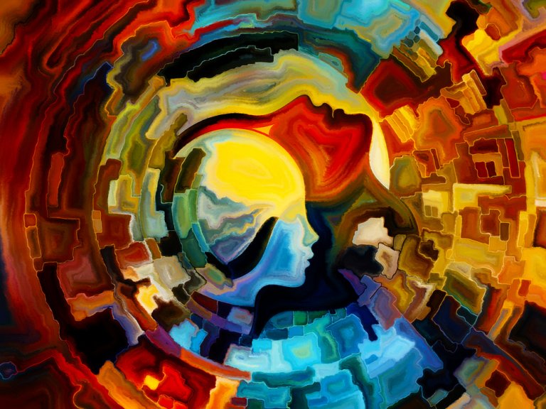 A vibrant abstract painting featuring the silhouettes of two faces merging in the center, surrounded by swirling, colorful geometric shapes in shades of red, blue, yellow, and orange. The composition invokes emotional reasoning while creating a sense of movement and harmony.