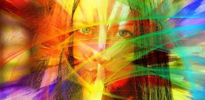 A vibrant abstract artwork featuring a woman's face partially obscured by swirling, colorful streaks of light and geometric patterns. Her expressive eyes are visible, creating a mix of realism and abstraction with vivid hues of yellow, red, blue, and green—a piece that resonates with millennials.