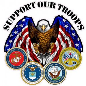 An illustration features a bald eagle with an American flag pattern on its wings. Above the eagle, text reads "Support Our Troops." Below, there are five emblems representing the U.S. Marine Corps, Navy, Air Force, Army, and Coast Guard, honoring their courage and sacrifice.