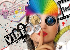 A woman with a finger to her lips in a shushing gesture is overlaid with a colorful collage of musical notes, film strips, gears, and a camera lens. Abstract elements like splashes of paint and a ruler enhance the vibrant background, embodying the essence of her unique personal brand.