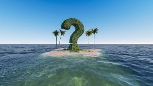 An isolated small island in the ocean with three palm trees stands tranquil. At the center, a large, green, leafy question mark-shaped structure symbolizes curiosity and discovery—much like fostering employee engagement. The clear blue sky reflects on the surrounding calm water, evoking serenity.