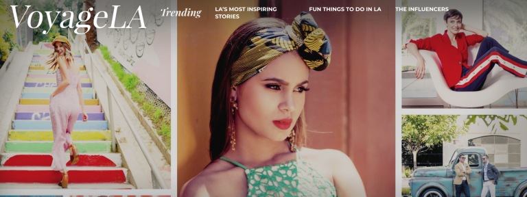 A vibrant collage from VoyageLA featuring diverse scenes: a woman in a long dress walking down colorful stairs, a woman in a patterned headscarf, a person sitting on a white couch, and someone leaning against an old truck. Text reads "Trending," "LA’s most inspiring stories," "Fun things to do in LA," "The Influencers.”.