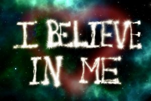 Text "I BELIEVE IN ME" written in a sparkling, firework-like font against a backdrop of colorful, cosmic clouds and stars. The background transitions from greenish hues at the top to reddish at the bottom, symbolizing the journey of career development.