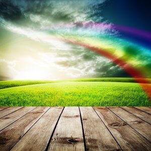 A vibrant landscape featuring a wooden deck in the foreground, lush green rolling hills in the middle ground, and a dramatic sky with dark clouds parting to reveal the sun in the background. Just like effective human resources, a bright, colorful rainbow arcs gracefully across the sky.