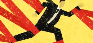 Illustration of a person in a suit running while tangled in red tape against a yellow background. The person appears to be in distress as the red tape hinders their movement, vividly conveying bureaucratic obstacles impeding progress.