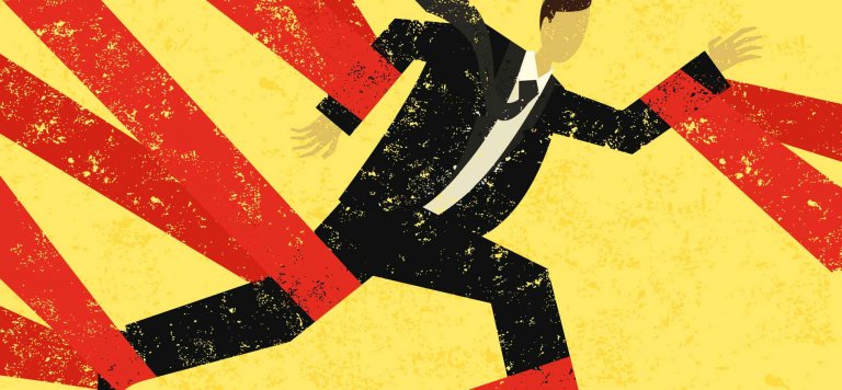 Illustration of a person in a suit running while tangled in red tape against a yellow background. The person appears to be in distress as the red tape hinders their movement, vividly conveying bureaucratic obstacles impeding progress.