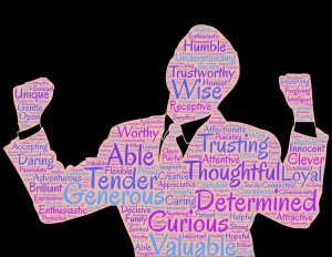 Silhouette of a person standing triumphantly with both fists raised, filled with words highlighting positive traits such as "generous," "thoughtful," "determined," "trustworthy," and "wise," among others, in purple and blue text on a black background—an inspiring image for any interview.