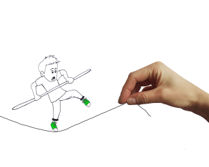 A hand is holding a piece of string as a tightrope for a drawn cartoon character. The character, with green shoes on its feet, appears to be struggling to balance while holding a pole. It's a great display of creativity against the stark white background.